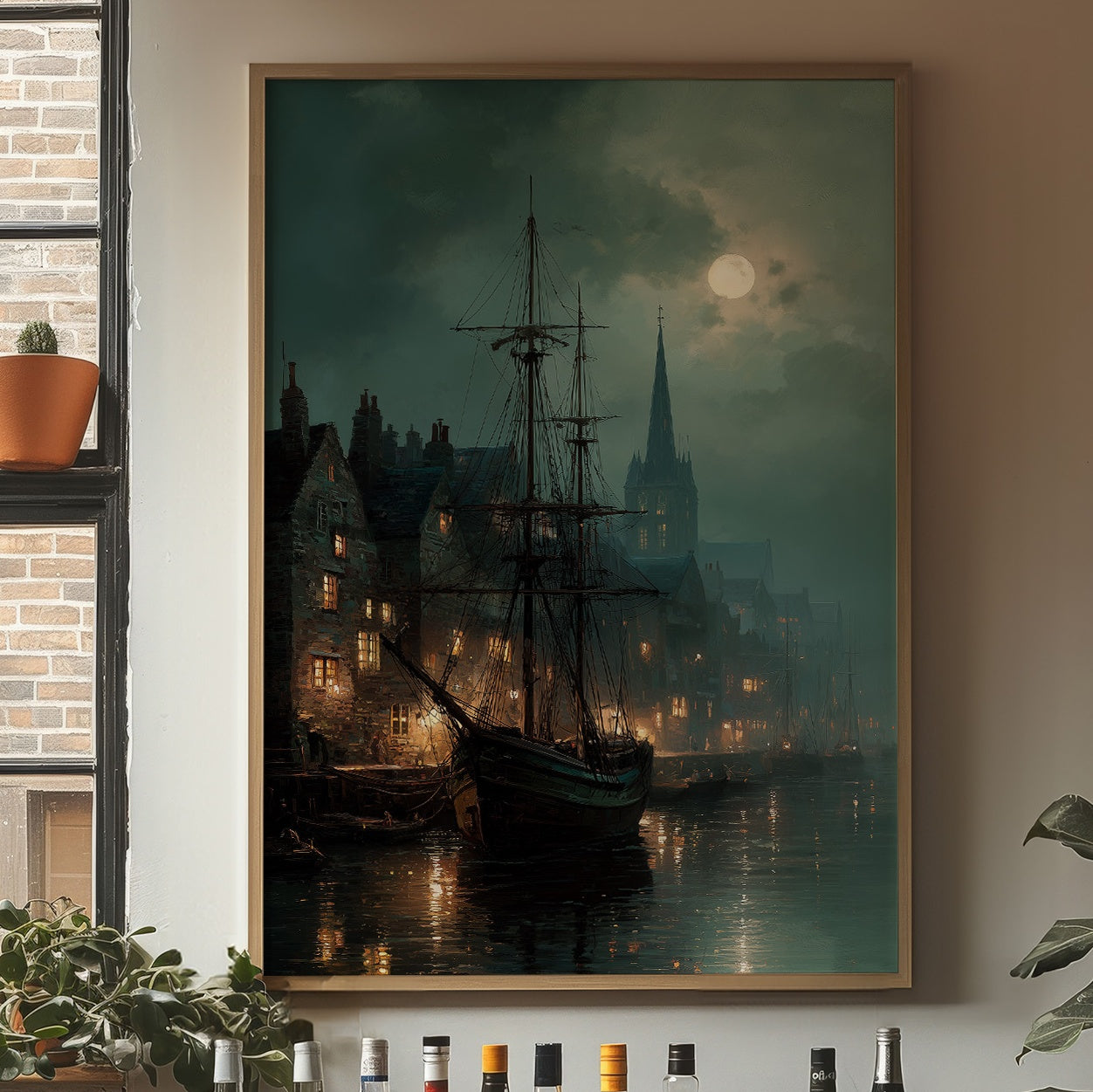 Harbor Lights Below Foggy Moon