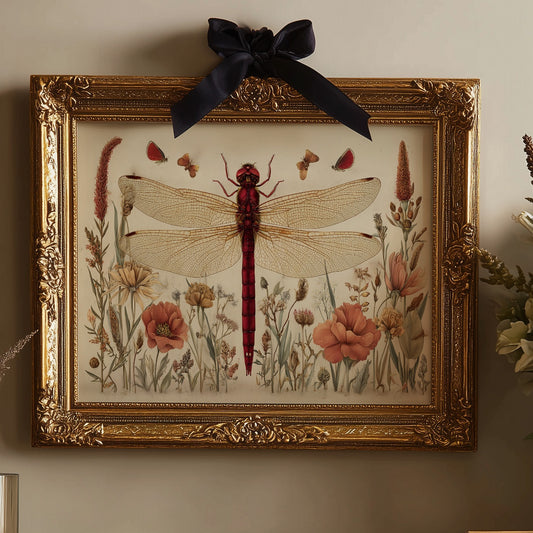 Crimson Messenger Through Wildflower Meadow