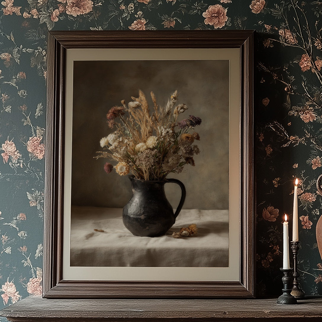 Dried Blooms In Earthen Pitcher