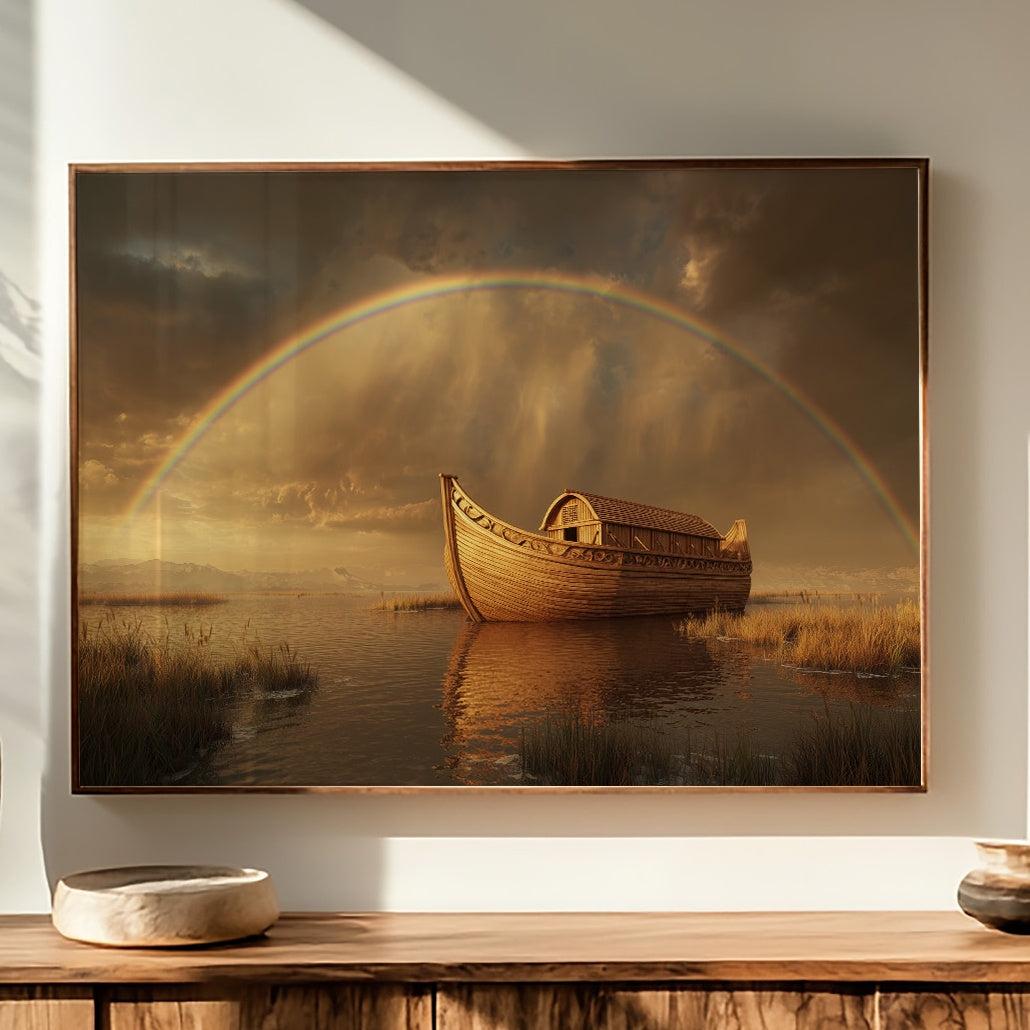 Wooden Ark Beneath Rainbow Promise