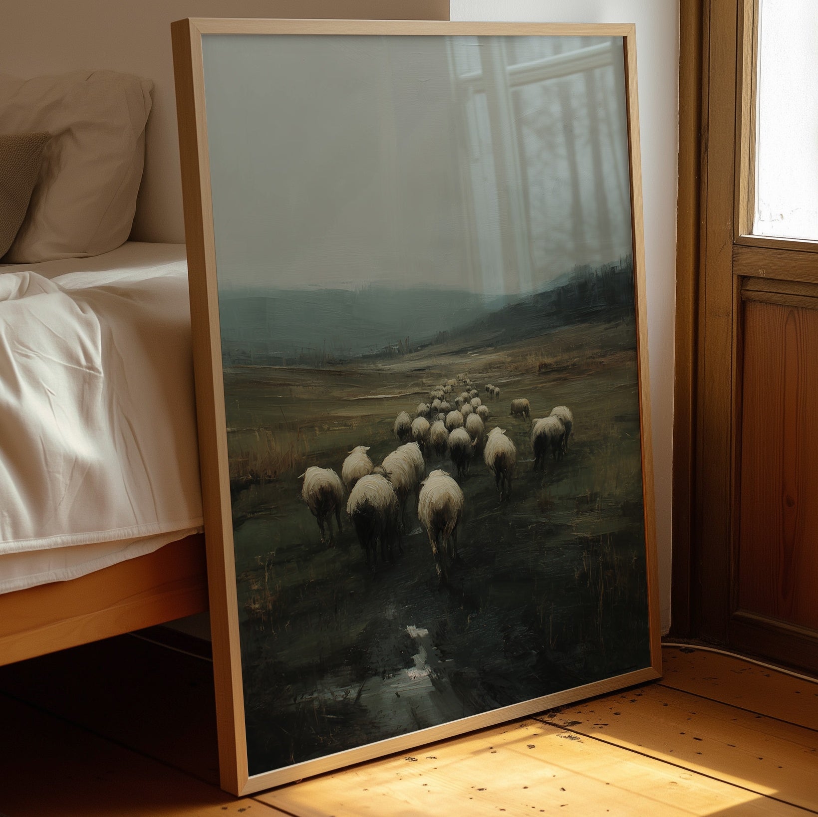 Flock Wanders Through Misty Moors