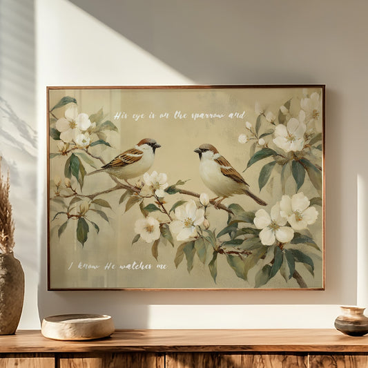 Sparrows Rest Among Blossom Branches