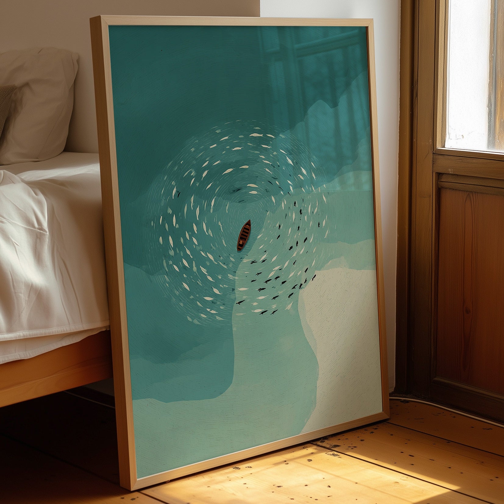 Solitary Vessel Amid Swirling Shoals