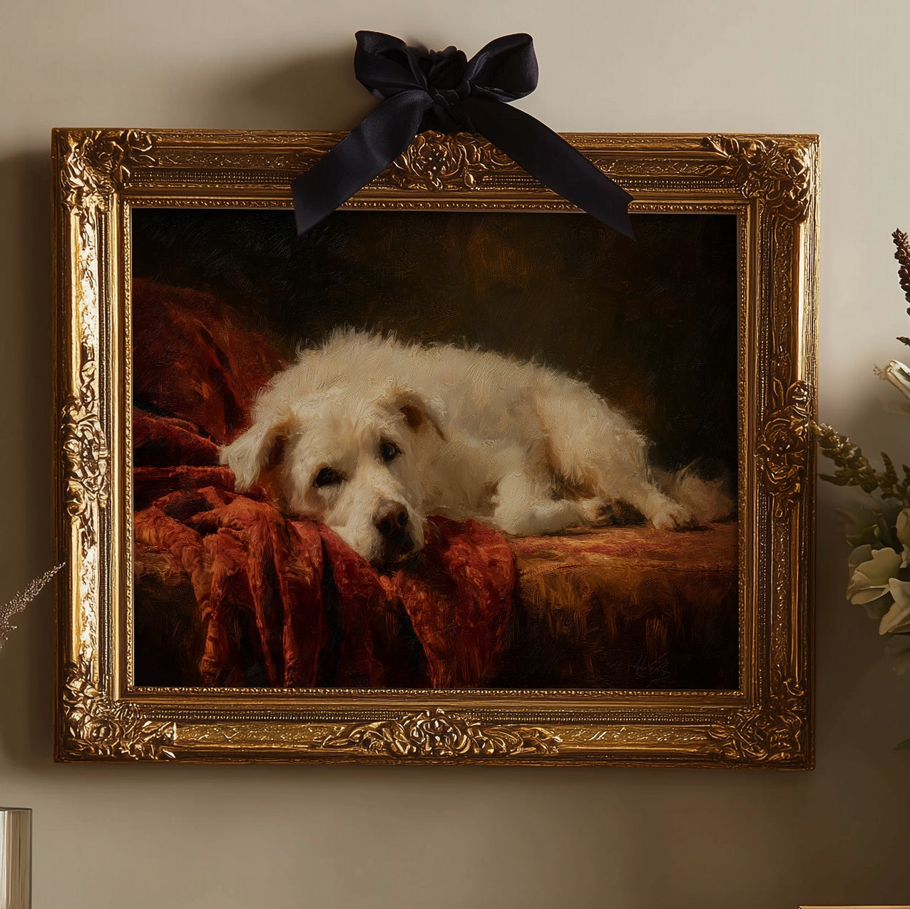 Loyal Companion Rests On Crimson Velvet