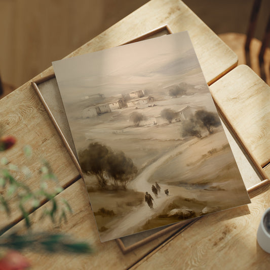 Travelers On Misty Village Path