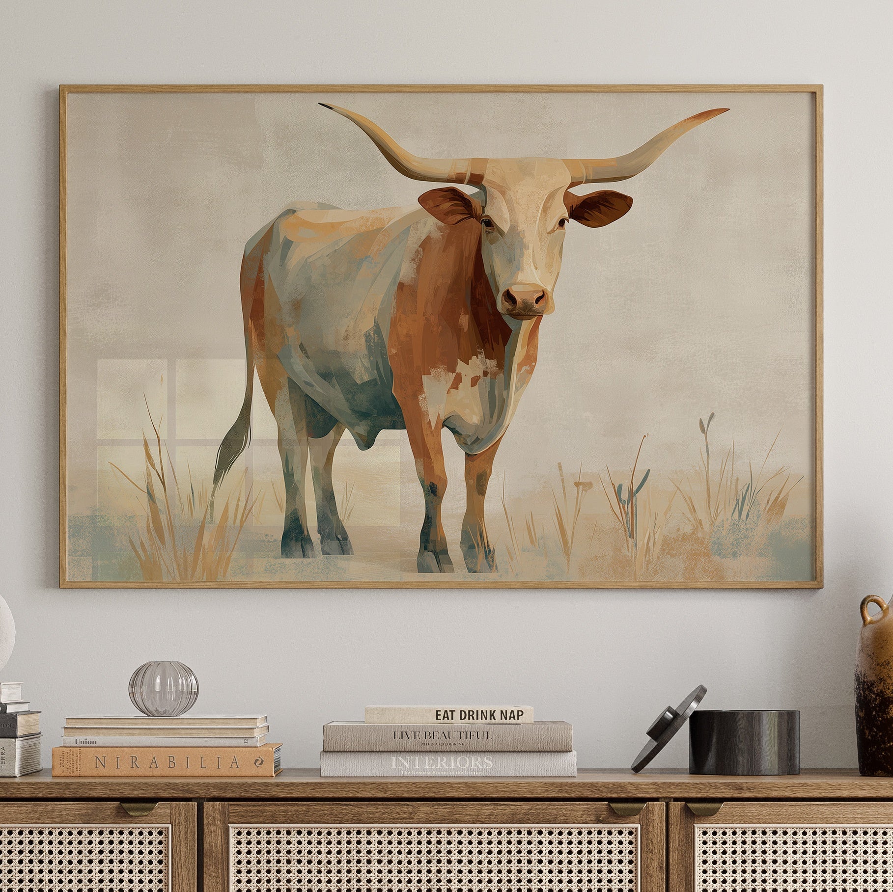 Longhorn's Stoic Gaze Across Prairie Whispers
