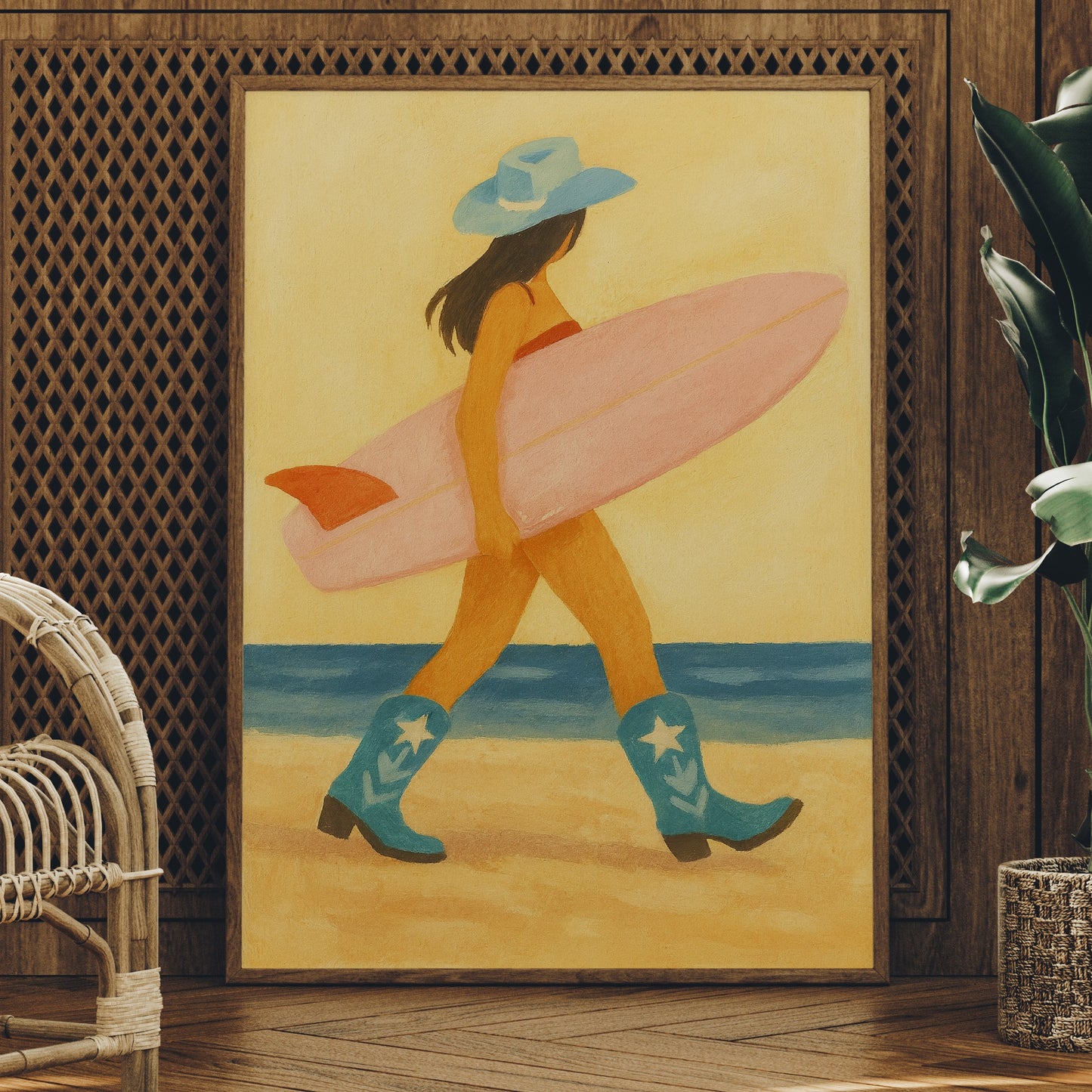 Cowgirl Surfer Walks The Shore