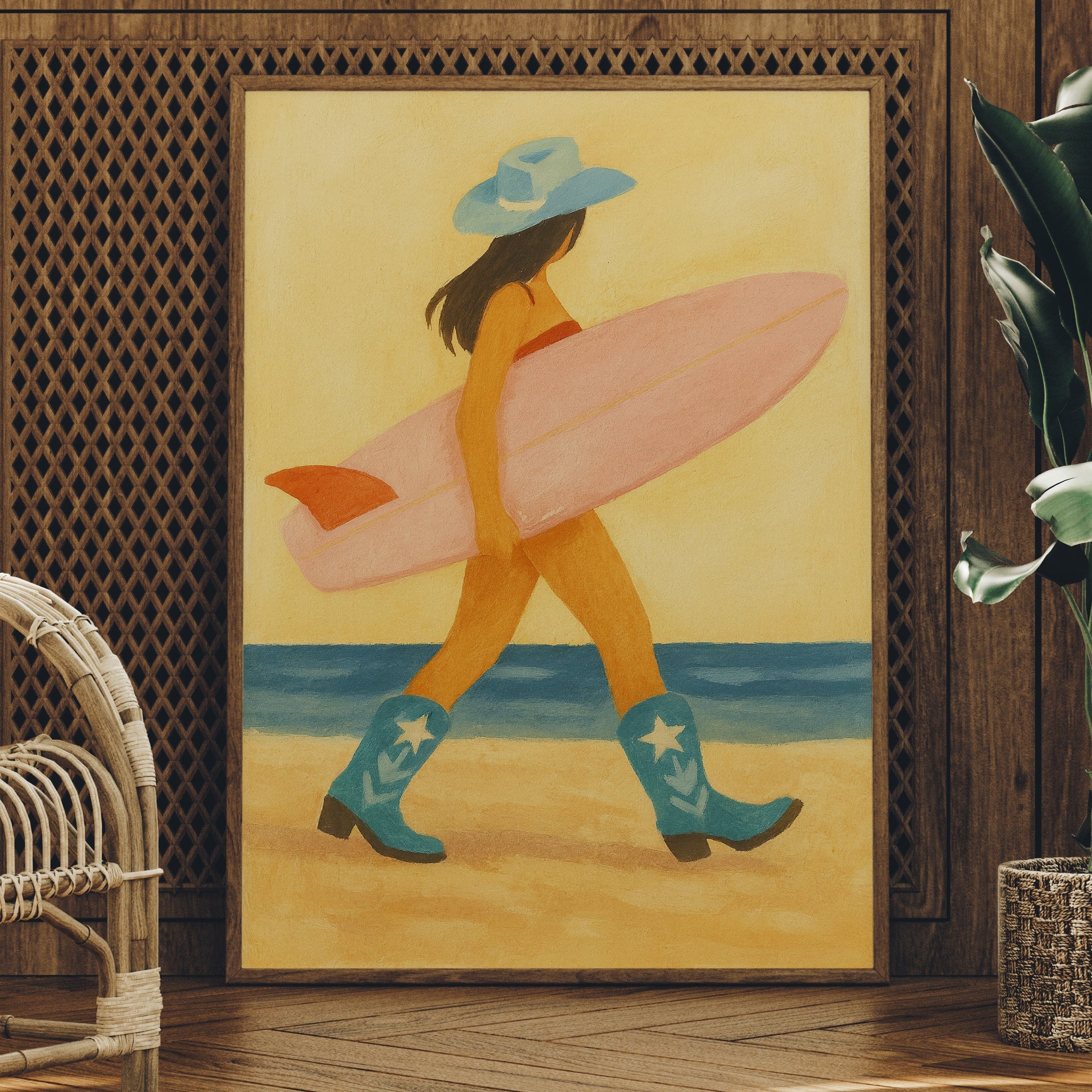 Cowgirl Surfer Walks The Shore