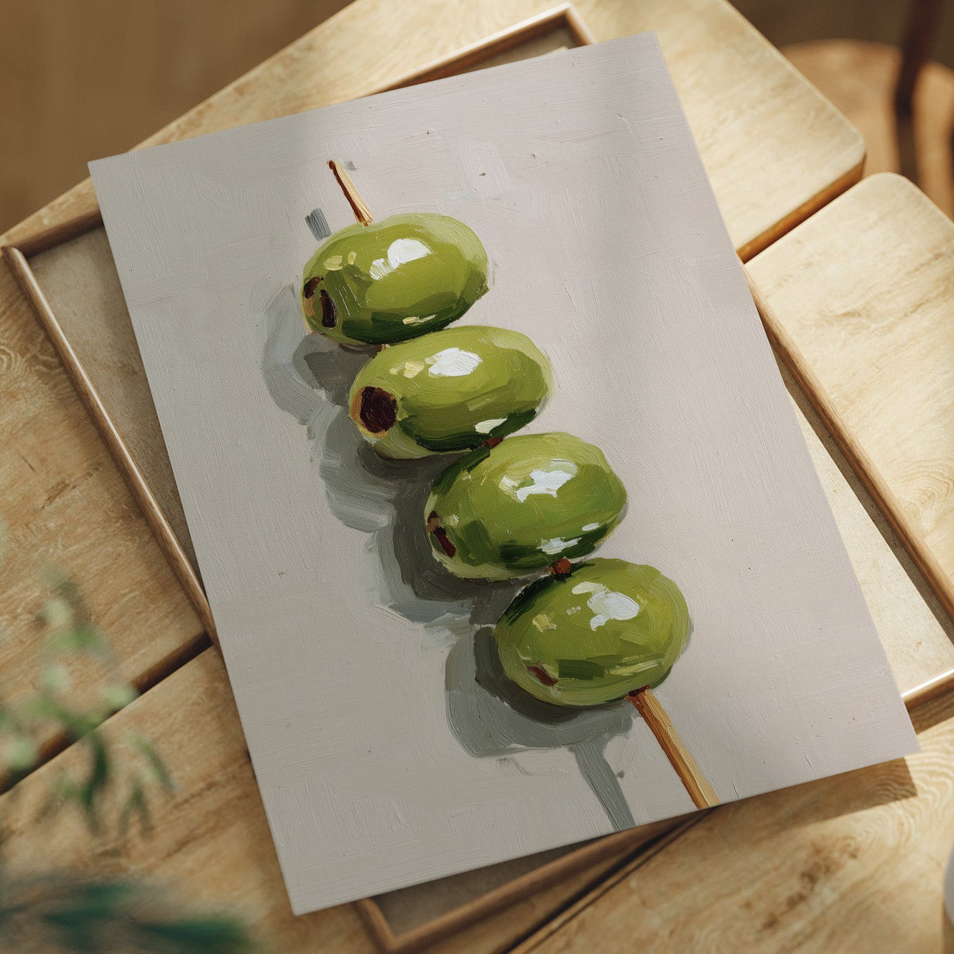 Verdant Olives on Wooden Skewer