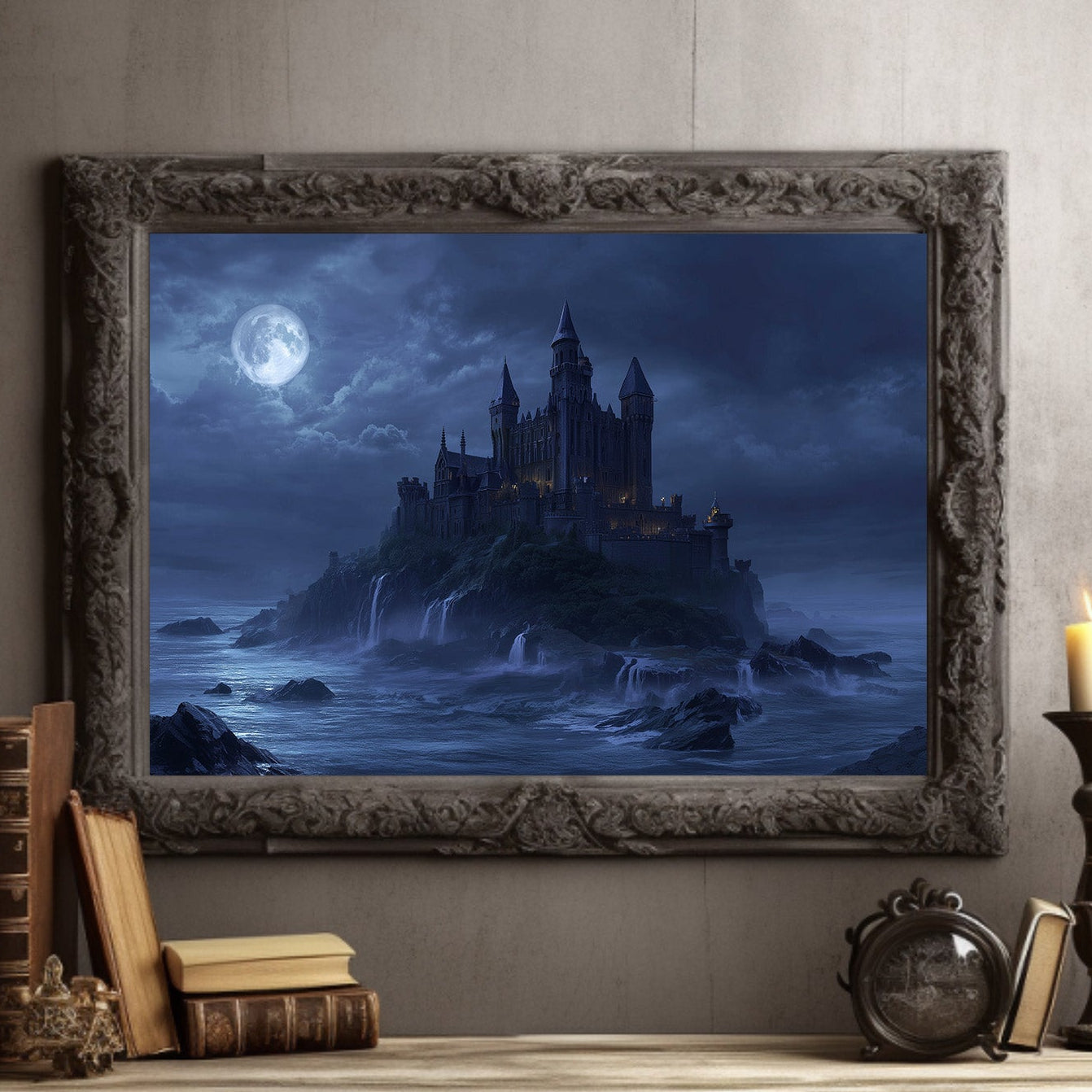 Moonlit Fortress Above Stormy Seas