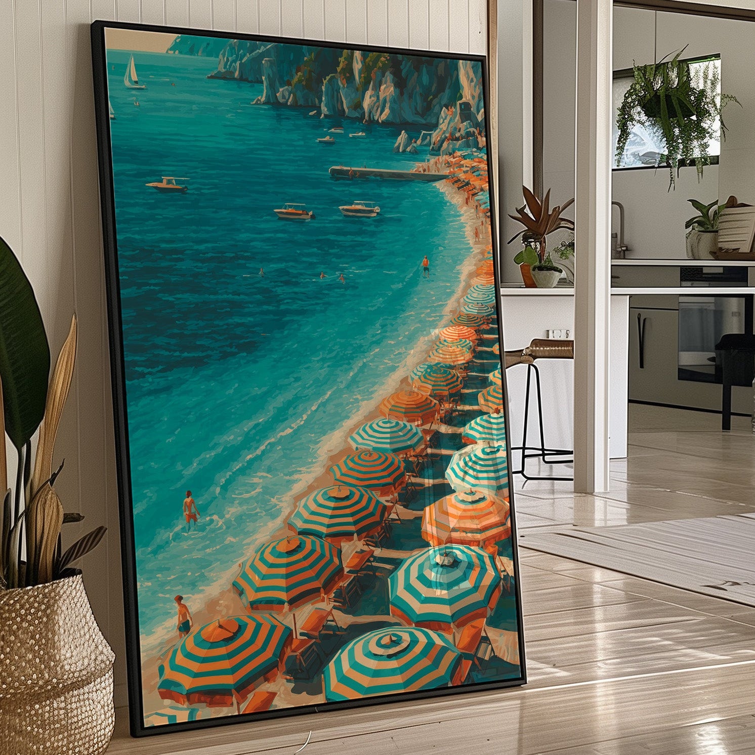 Mediterranean Reverie: Coral Parasols and Azure Waters