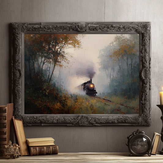 Autumn Train Through Misty Woods