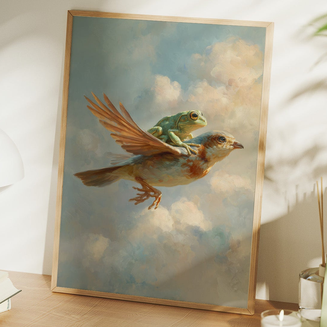 Unlikely Companions Soar Through Cloudy Skies
