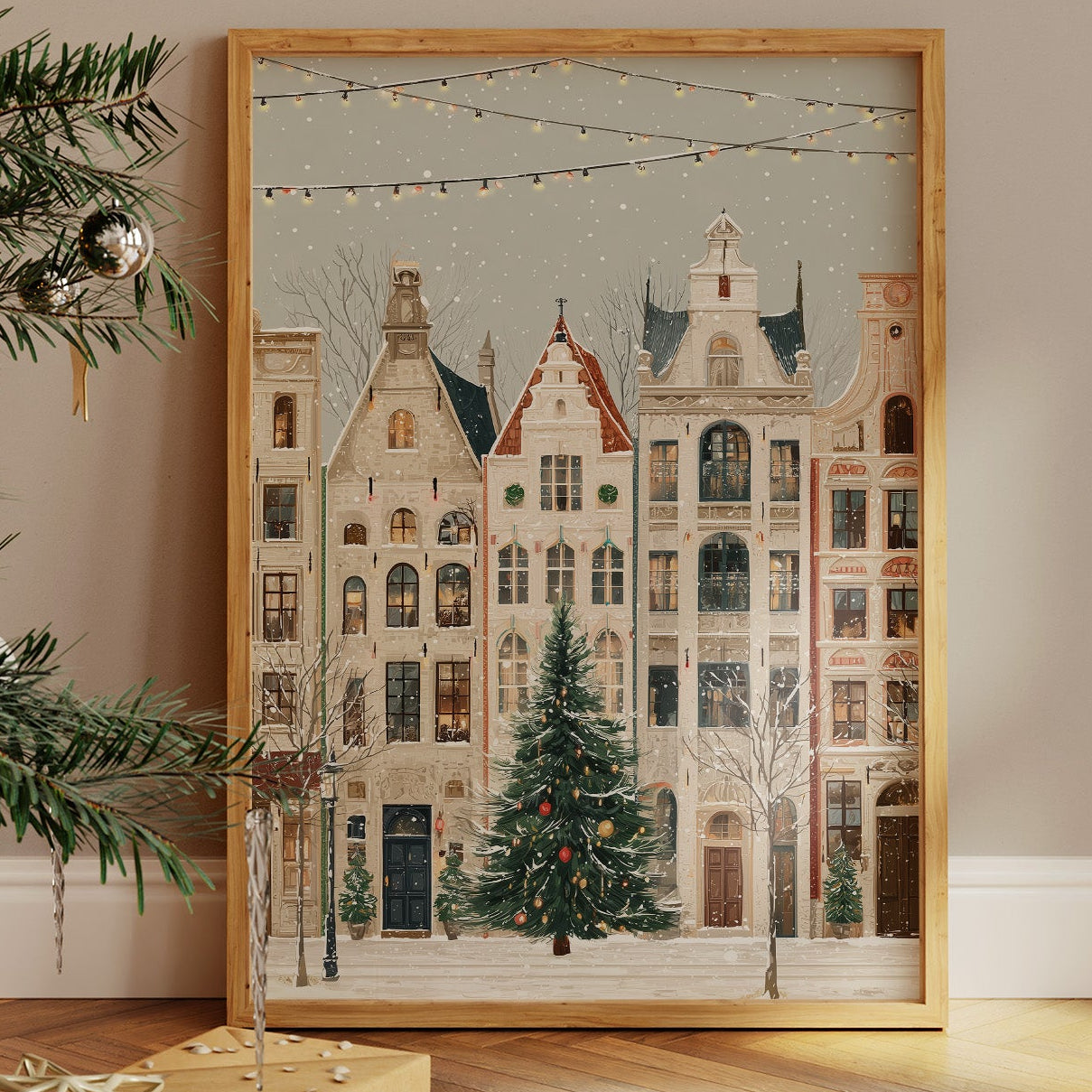 Festive Canal Houses Beneath Winter's Veil
