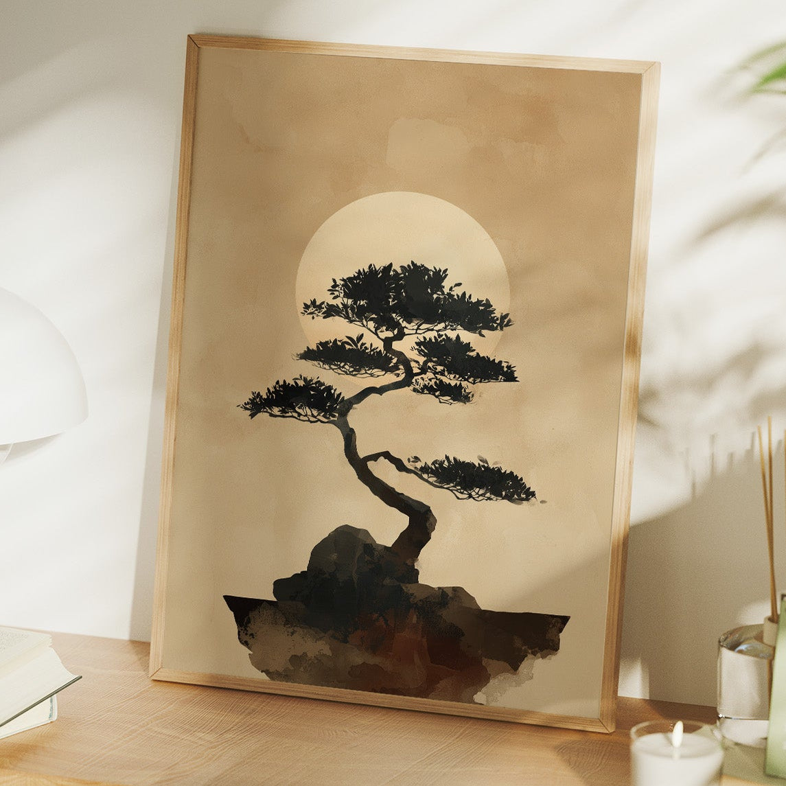 Bonsai Silhouette Against Rising Moon