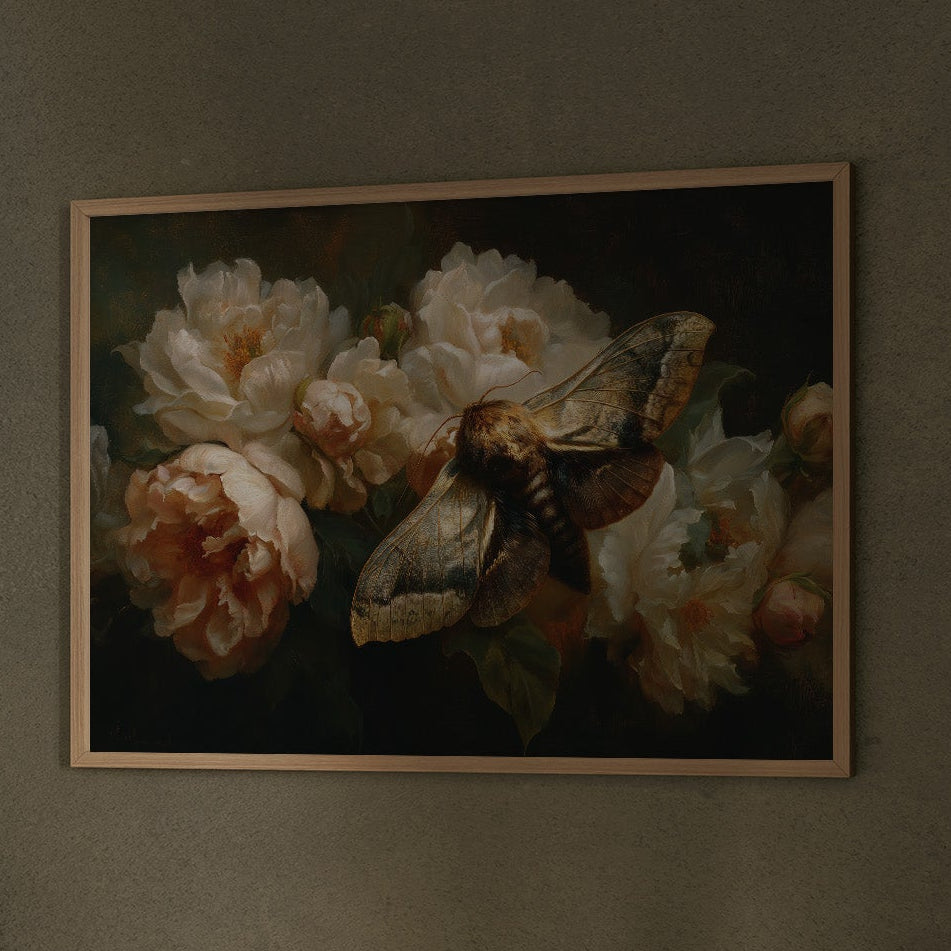 Moth Among Cream Peonies