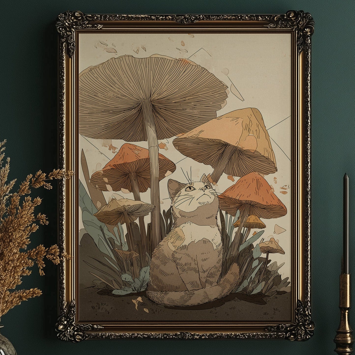 Curious Feline Among Fungal Giants