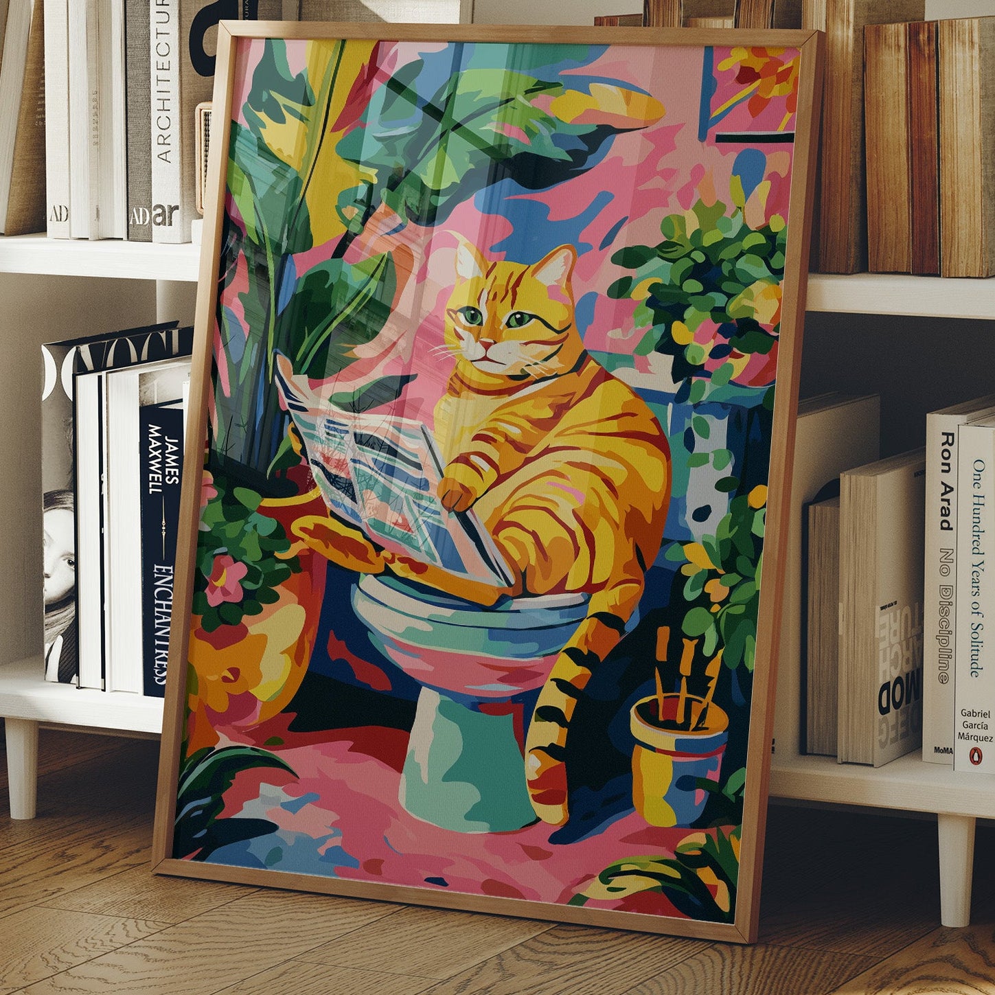 Feline Literary Moment in Vibrant Jungle