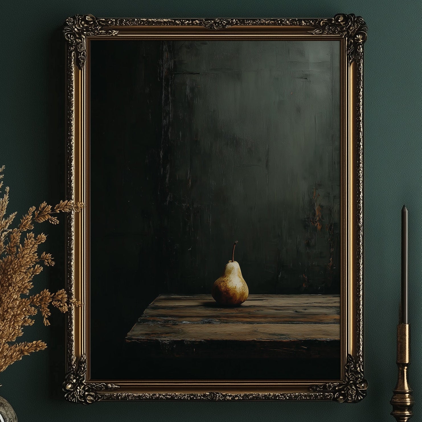 Solitary Pear in Emerald Darkness