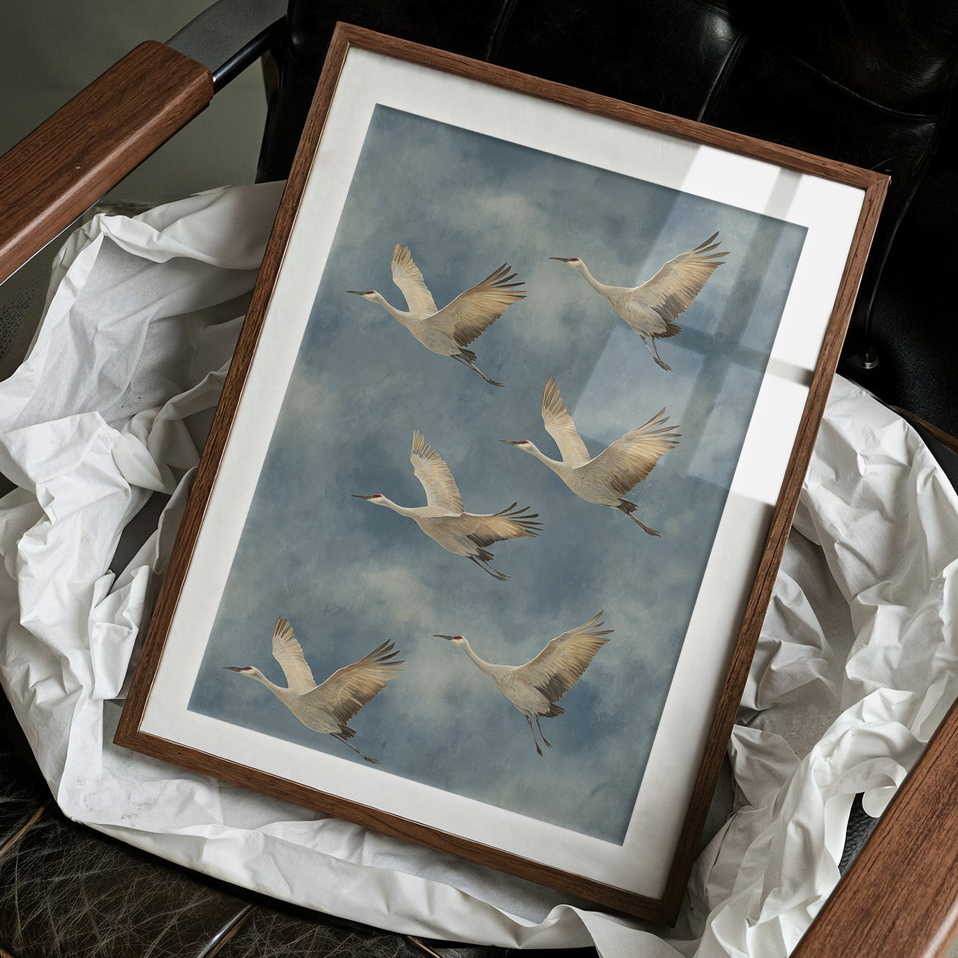 Celestial Migration: Cranes Dancing Through Storm Clouds