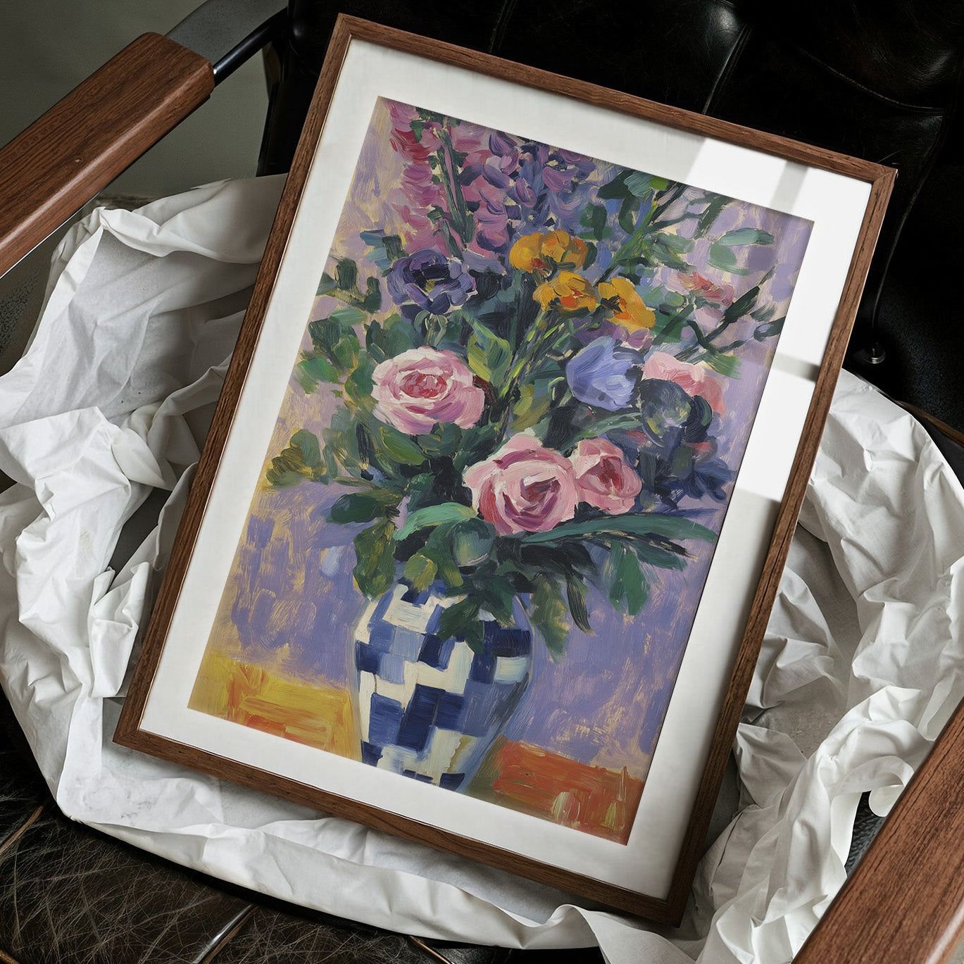 Vibrant Blooms in Checkered Blue