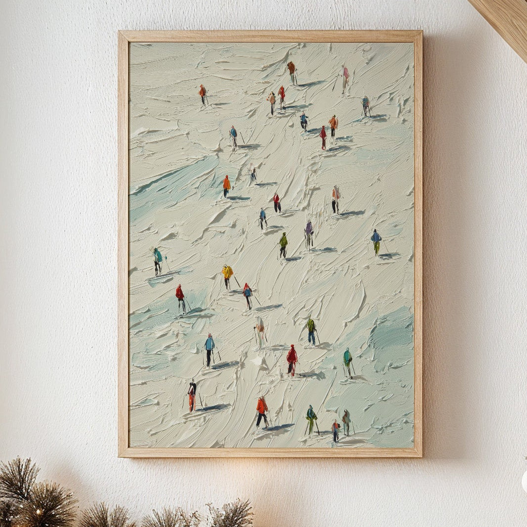 Colorful Specks Traverse Snowy Terrain