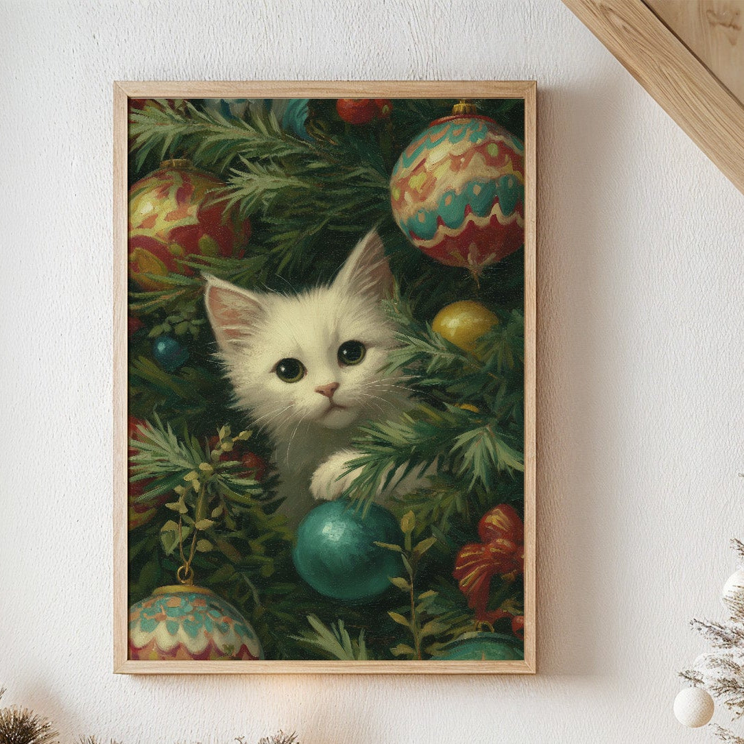 Curious Whiskers Among Festive Boughs