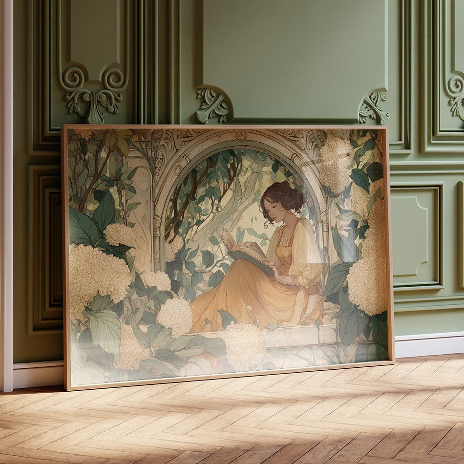 Reading Among Hydrangea Blooms