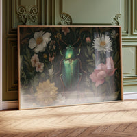 Emerald Beetle Among Garden Blooms