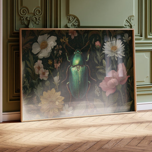 Emerald Beetle Among Garden Blooms