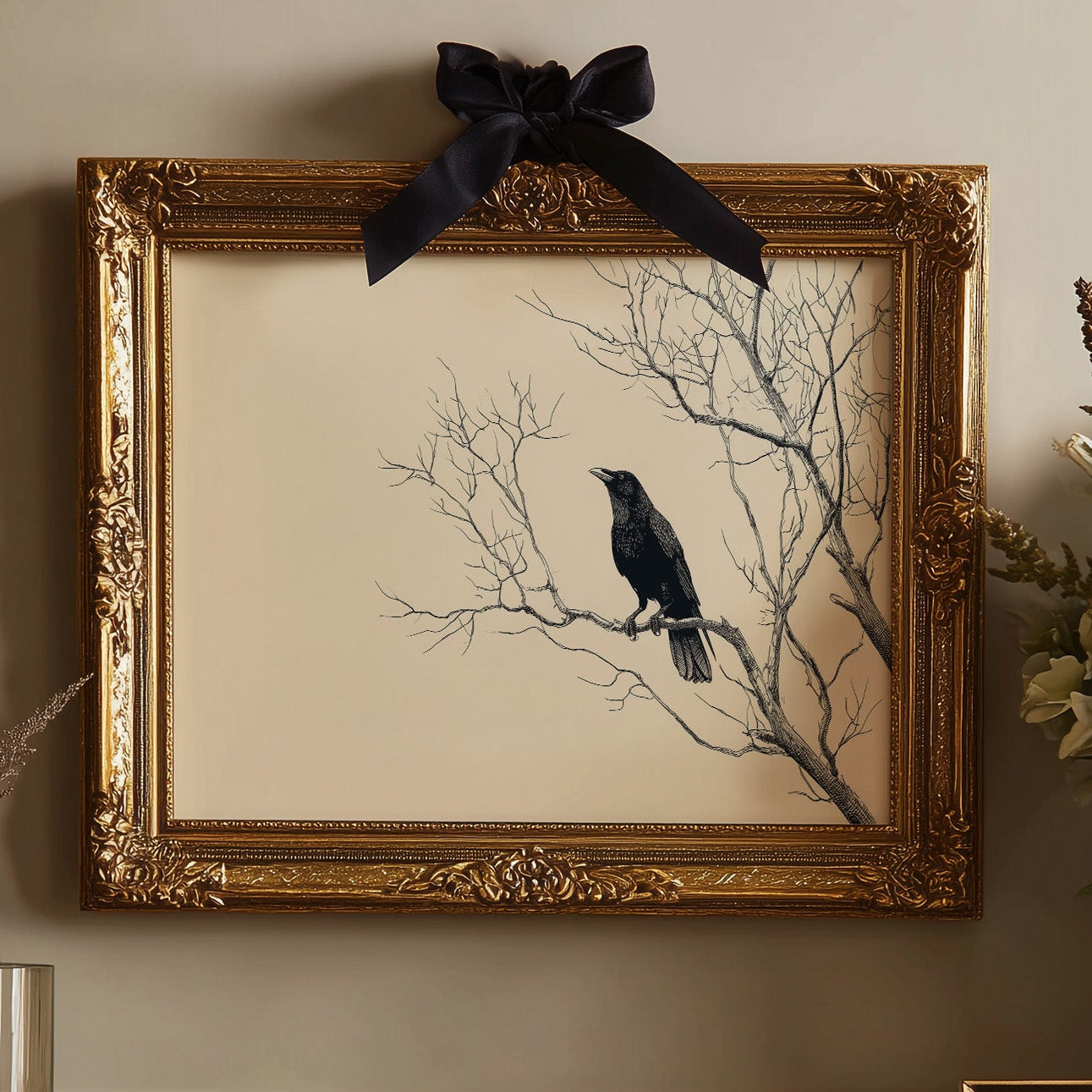 Raven Perches On Winter Branches