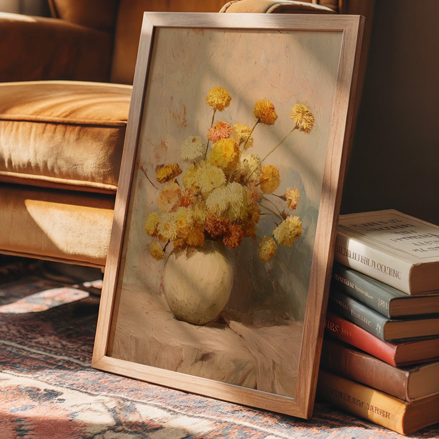 Sunlit Chrysanthemums in Cream Pottery