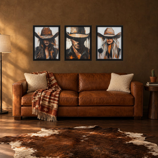 Under the Brim, Western Cowgirl and Cowboy Wall Art Set of 3, Framed Canvas Triptych