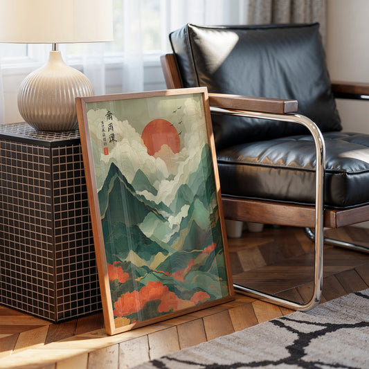 Red Sun Rises Over Misty Peaks