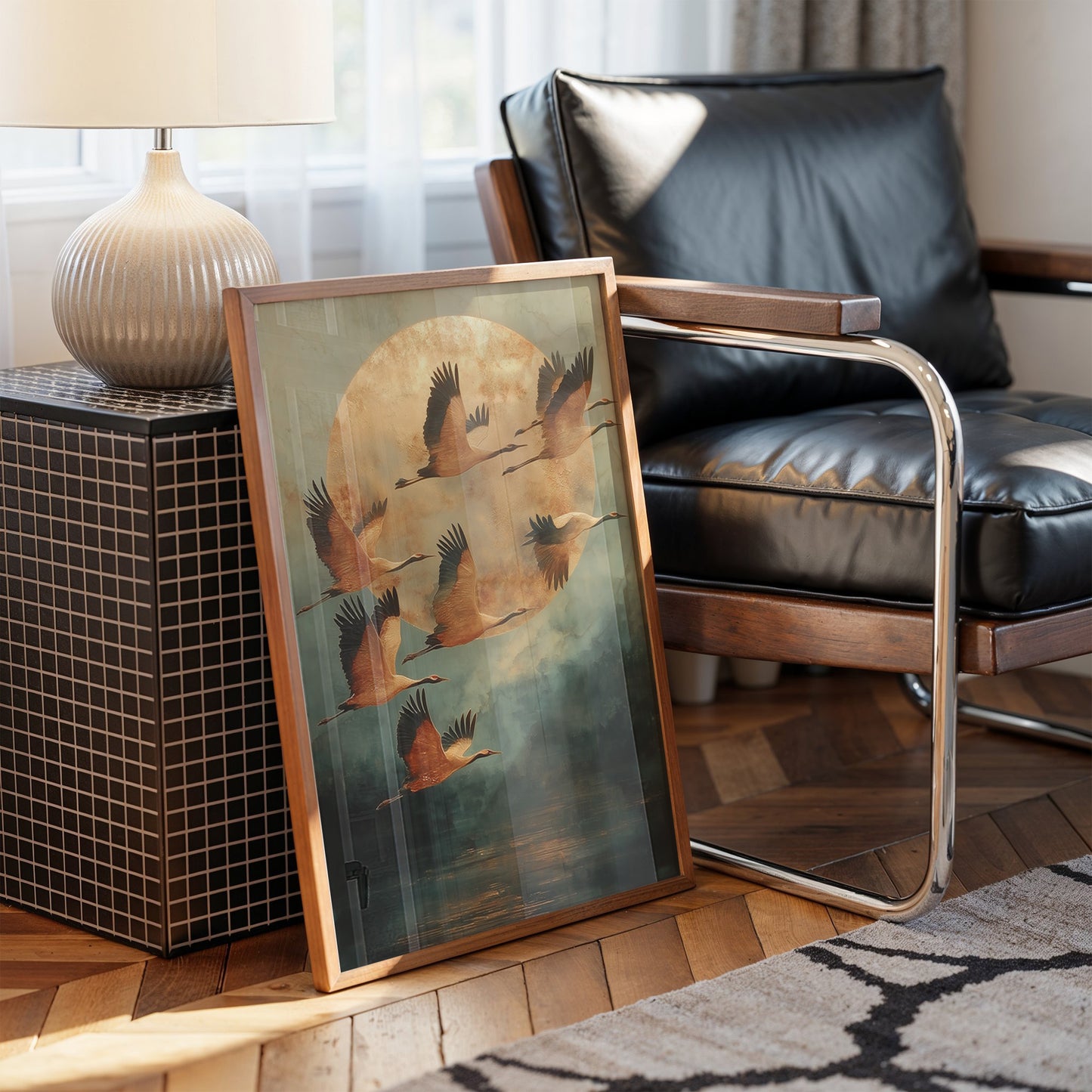 Moonlit Migration Over Misty Waters