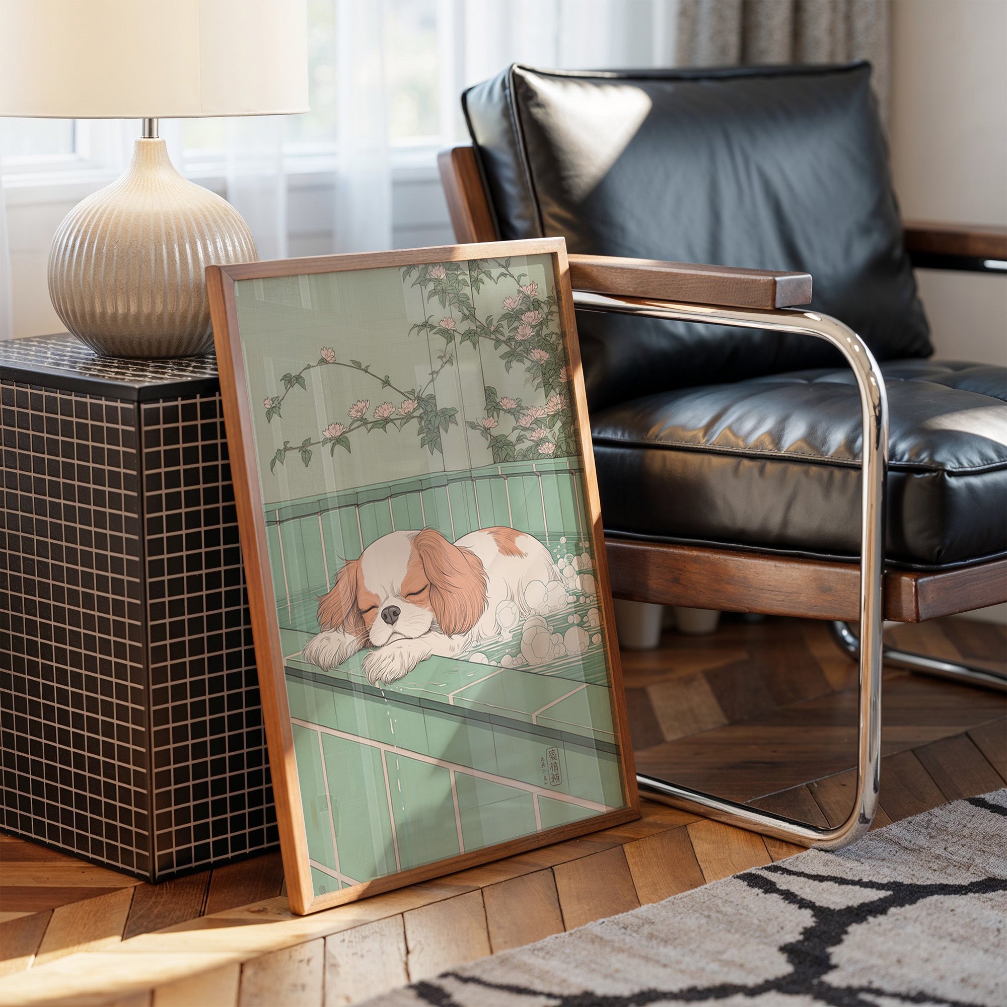 Peaceful Pup Among Cherry Blossoms