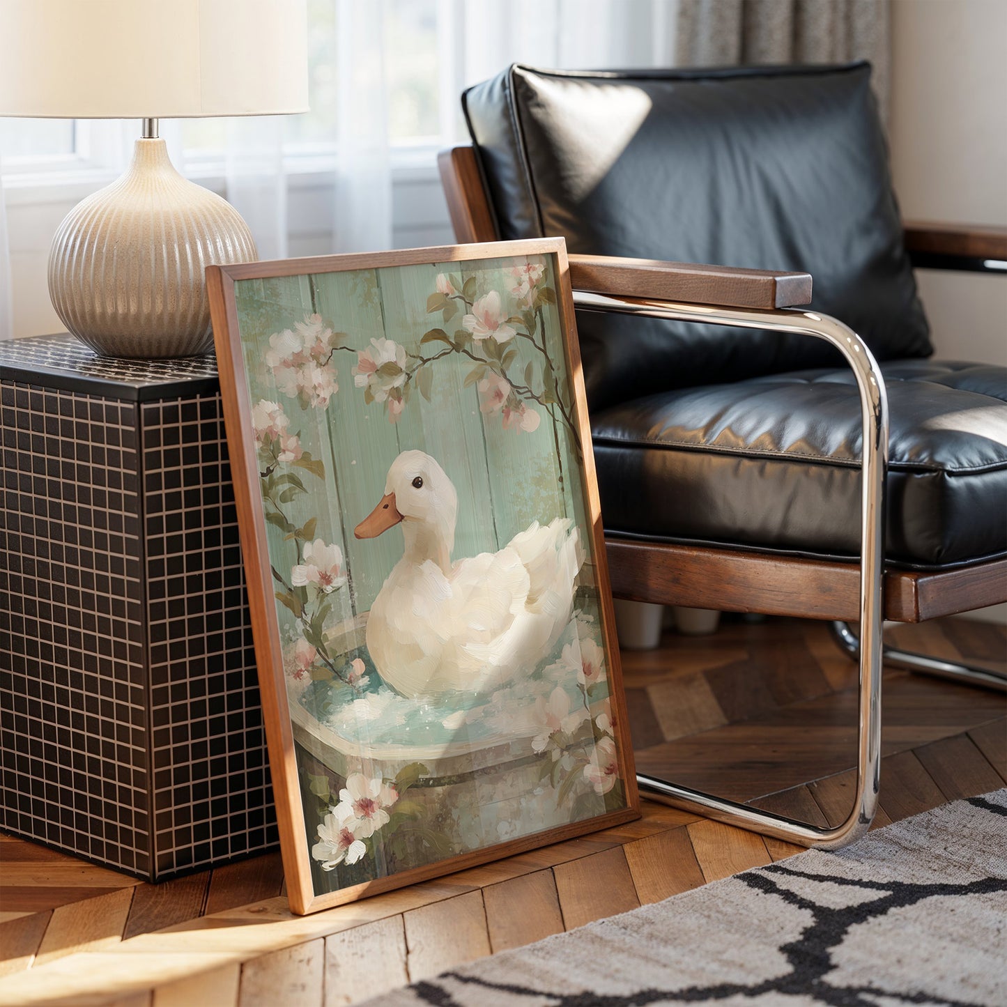 White Duck Among Spring Blossoms