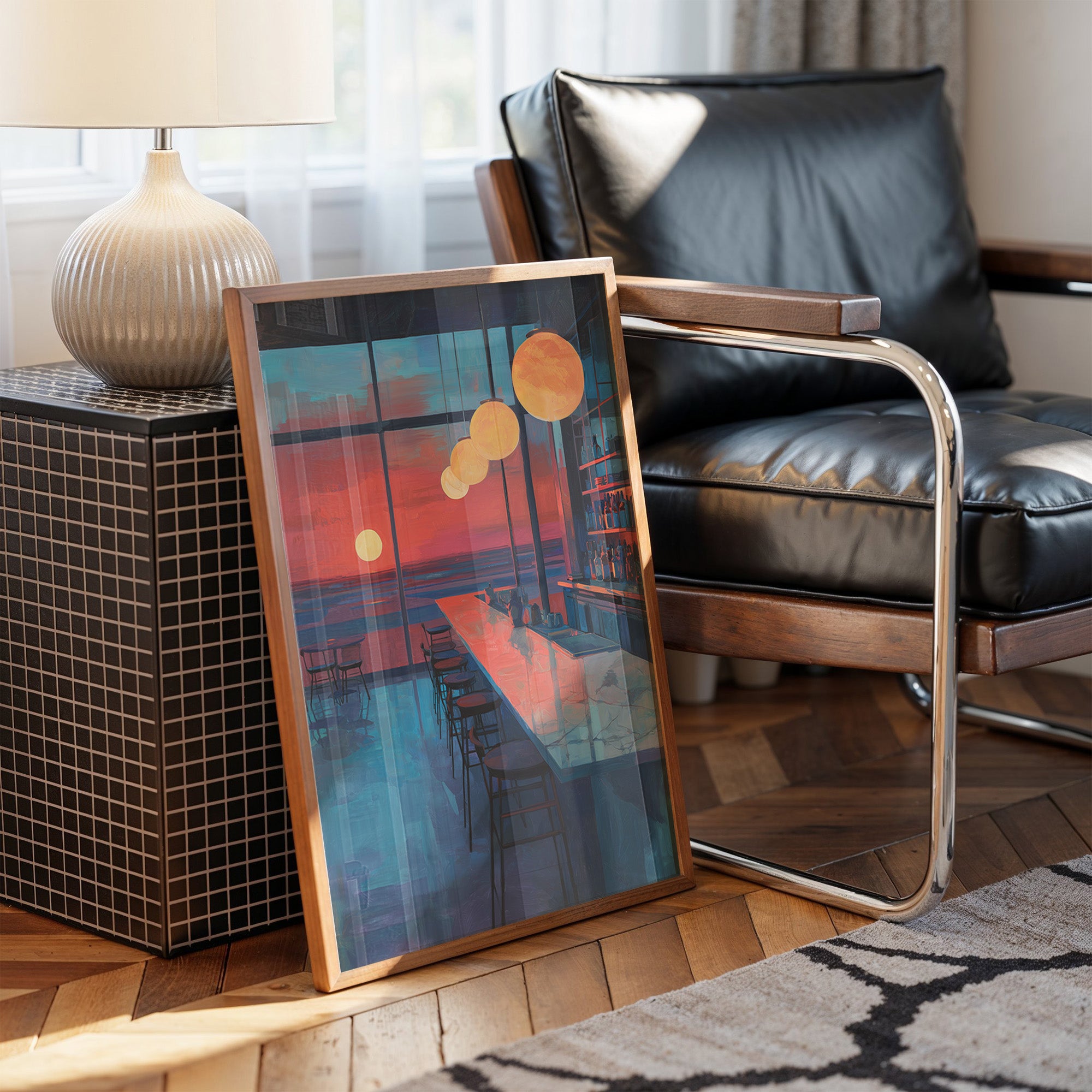 Lanterns Float Above Empty Barstools