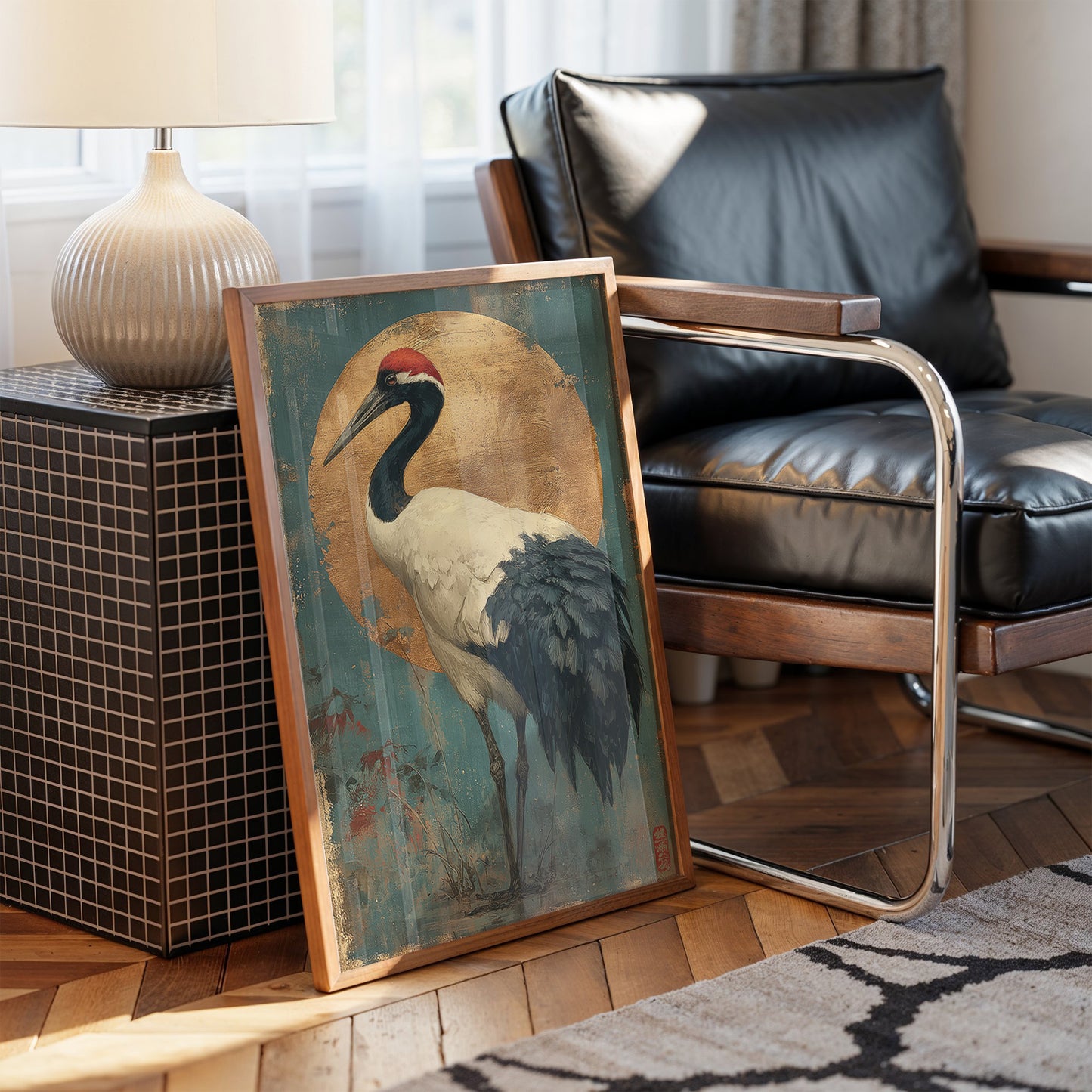 Noble Crane Against Golden Moon