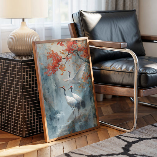 Cranes Dance Below Maple Fire