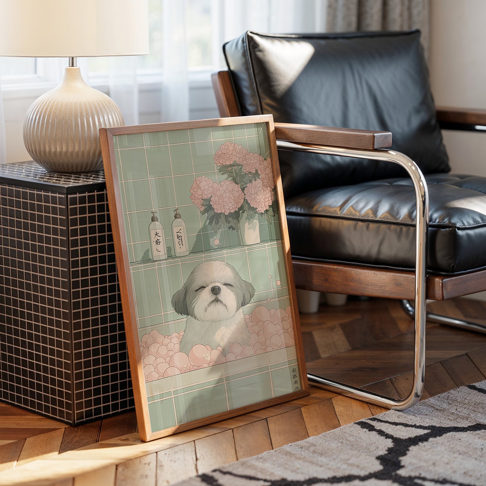 Peaceful Pup Among Pink Peonies