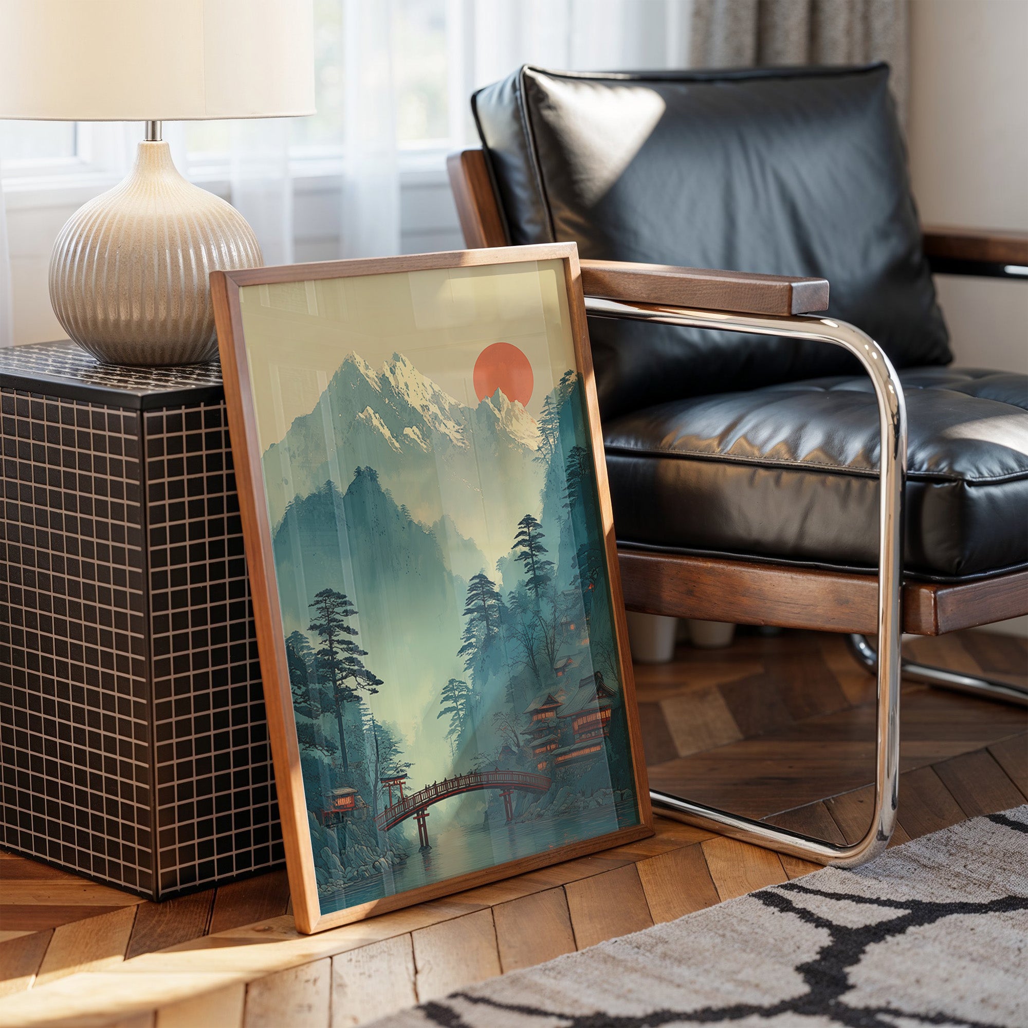 Sacred Bridge Beyond Misty Peaks