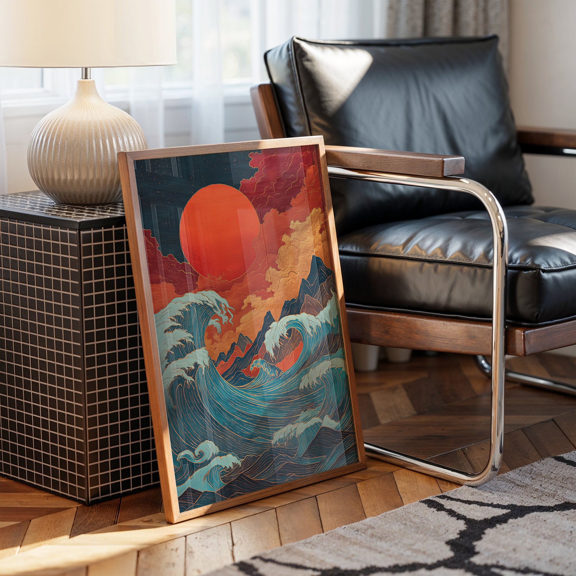 Ocean Flames Dance Under Crimson Moon