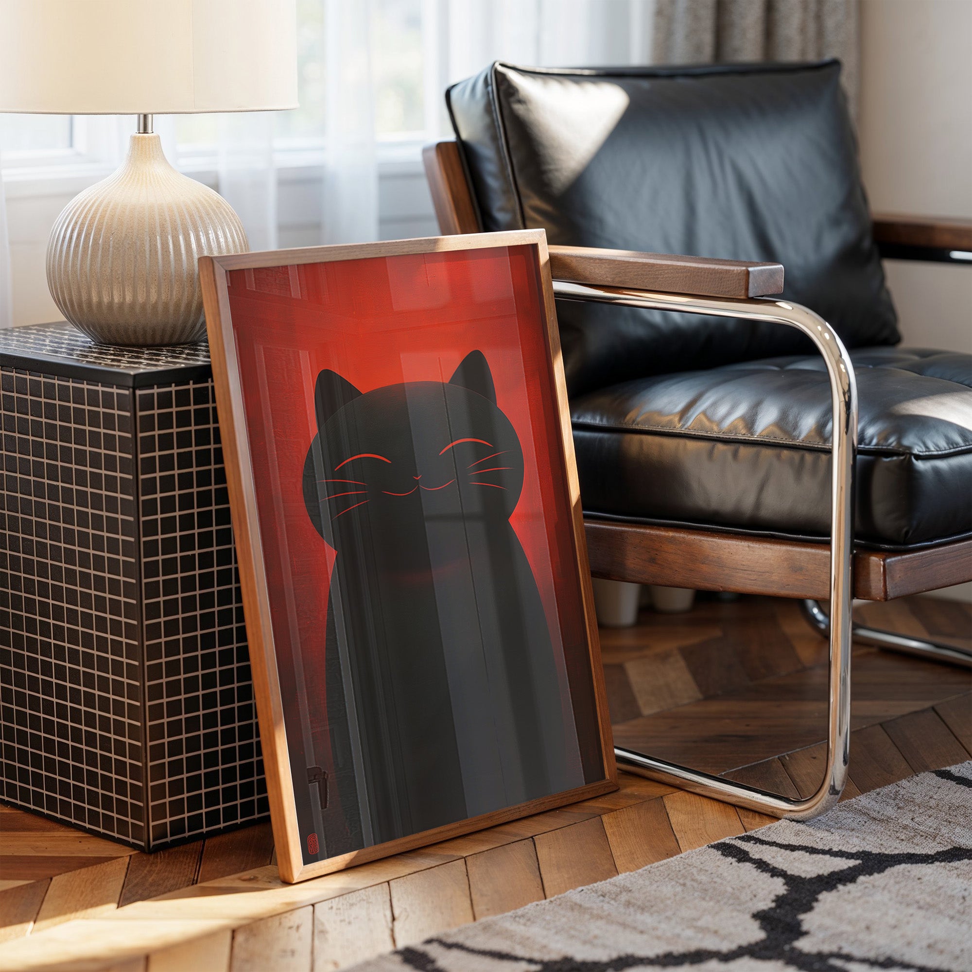 Black Cat Basks In Crimson Light