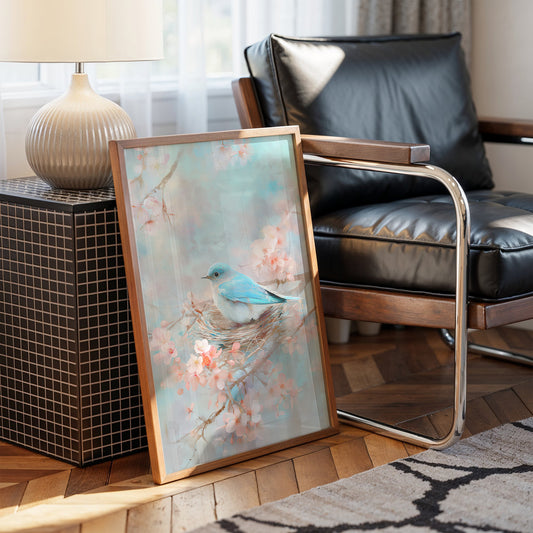 Blue Bird Rests Among Cherry Blossoms