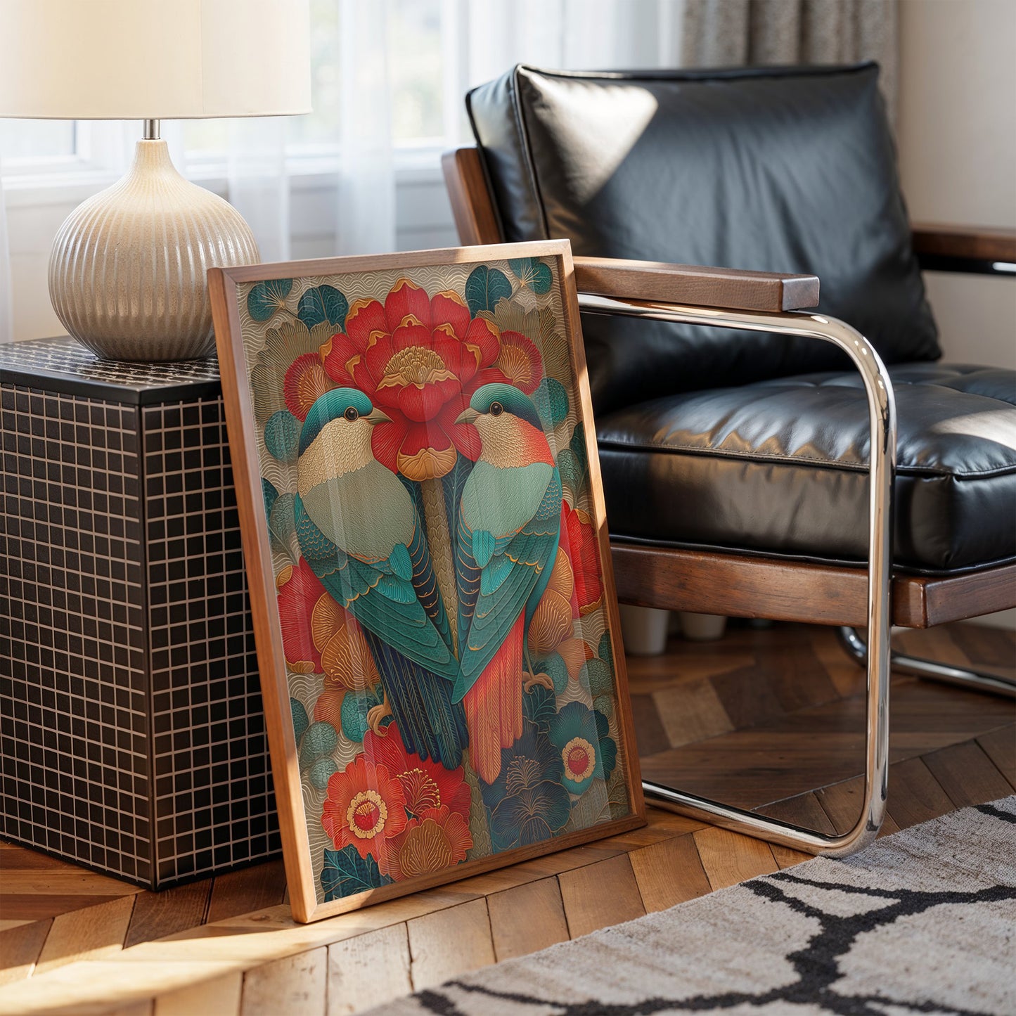 Birds Dance Among Crimson Blooms