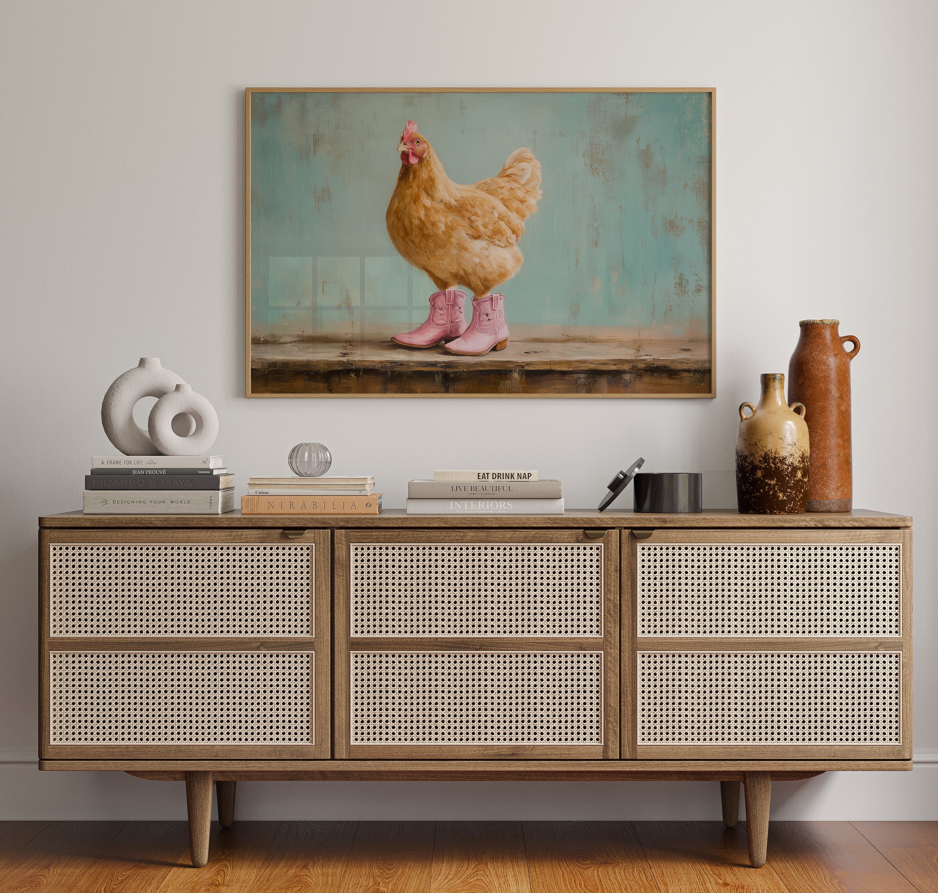 Hen Struts In Pink Boots