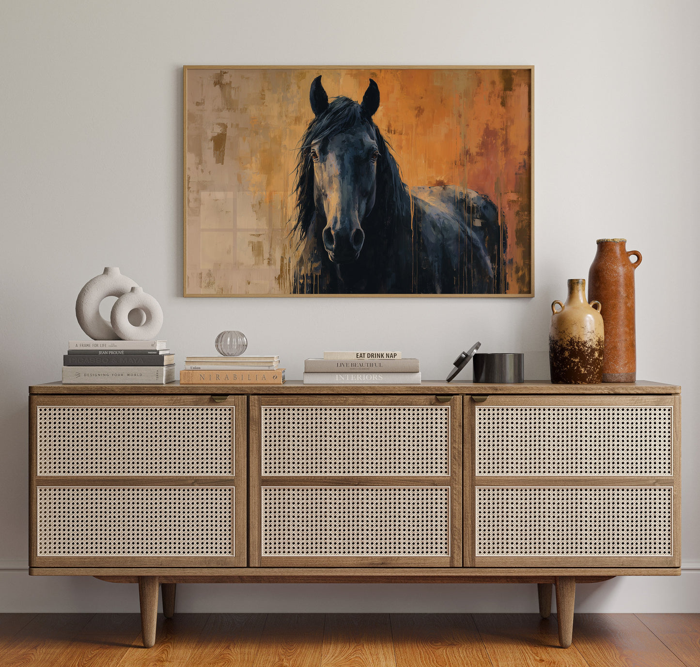 Midnight Stallion Against Amber Sky