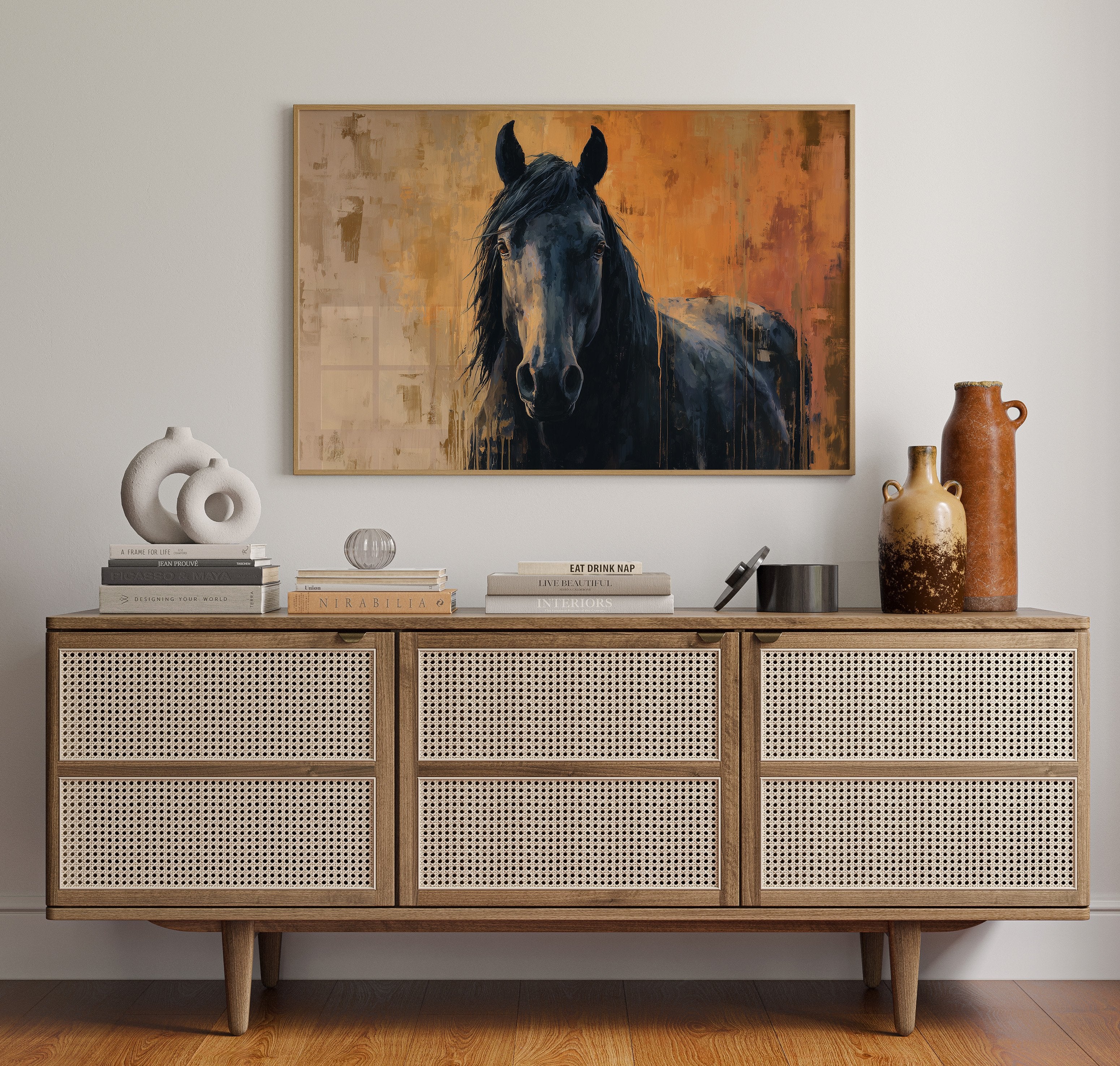 Midnight Stallion Against Amber Sky