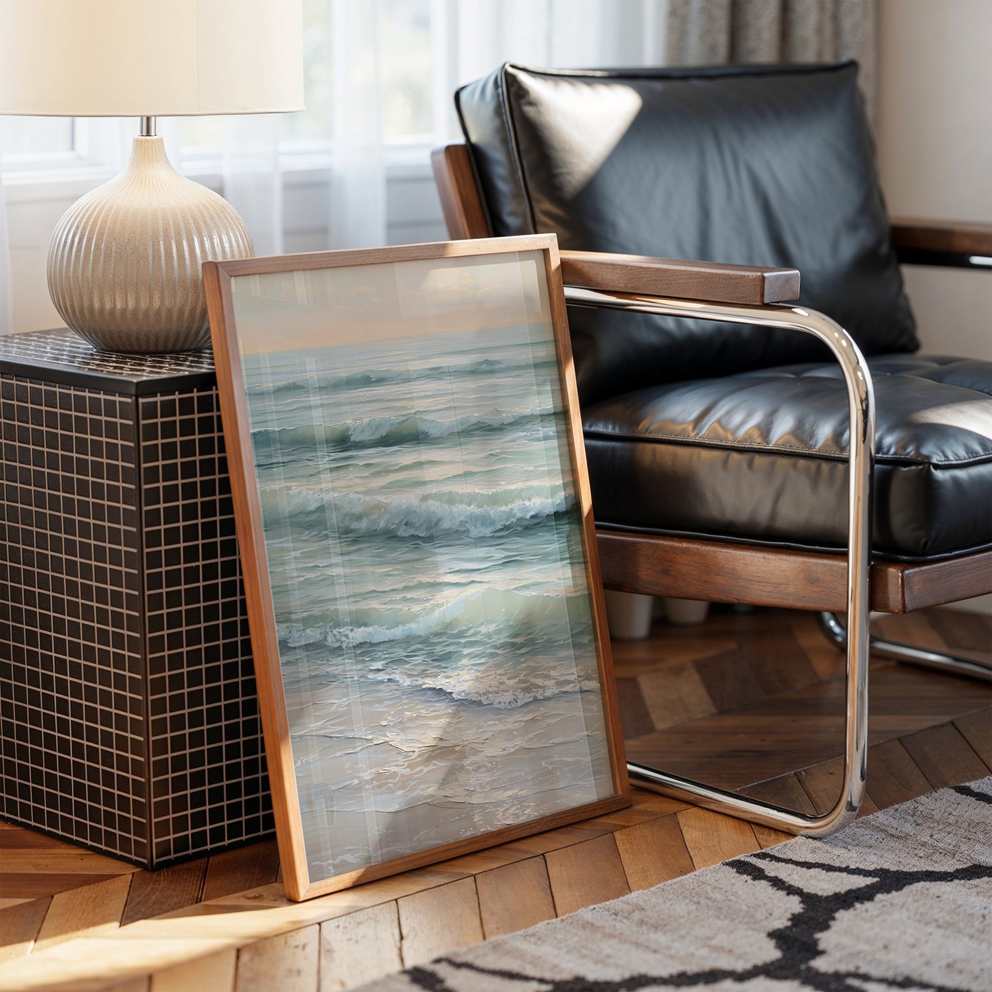 Seafoam Rhythms Against Wooden Frame